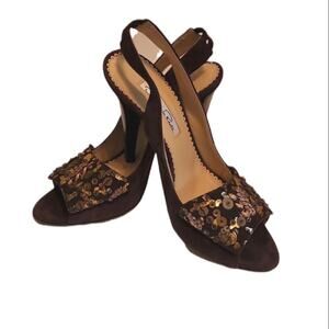 Oscar de la Renta Open Toe Brown Gold Suede Leather High Heel Shoes Size 7 1/2